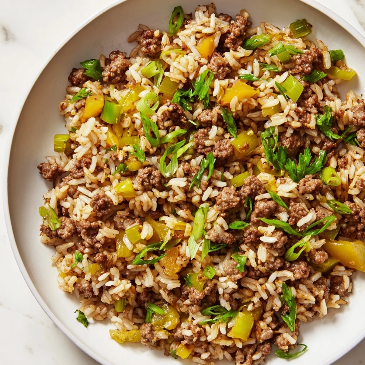 Hot Cajun Dirty Rice with Ground Beef and Herbs in a rustic skillet, steaming beside fresh green onions and parsley garnish.