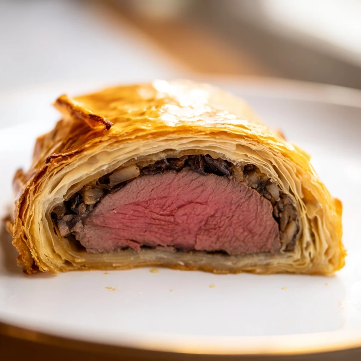 Golden-brown, flaky puff pastry encasing tender beef fillet and rich mushroom duxelles, sliced to reveal juicy interior on a rustic board.