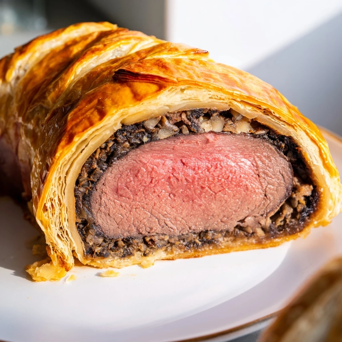 Freshly baked Beef Wellington with a buttery crust and savory mushroom filling, perfect for a festive holiday main course centerpiece.