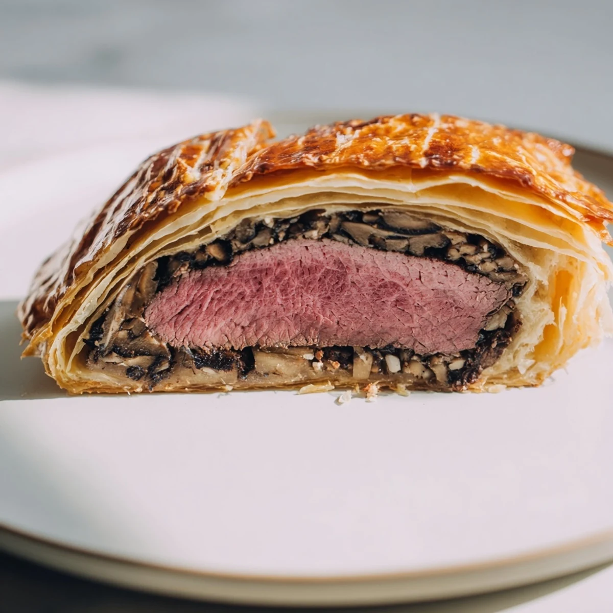 A close-up of sliced Beef Wellington showing layers of beef, prosciutto, and mushroom duxelles, ready to serve with red wine sauce.