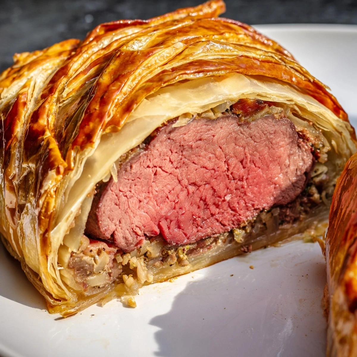 Golden, flaky puff pastry encasing tender beef fillet and rich mushroom duxelles.