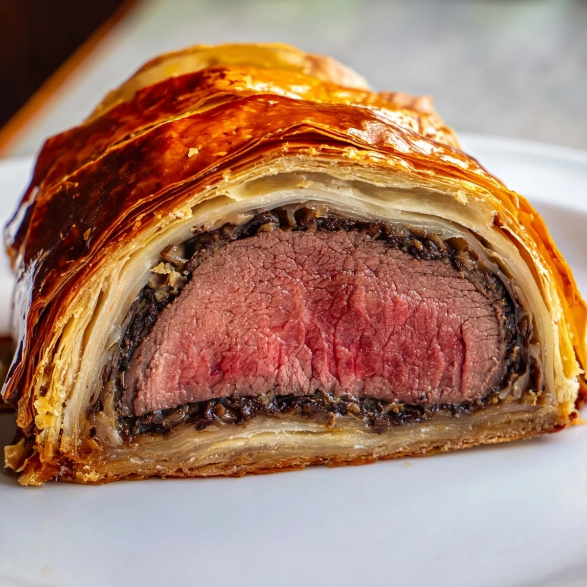 A sliced Beef Wellington reveals juicy beef and earthy mushroom filling.