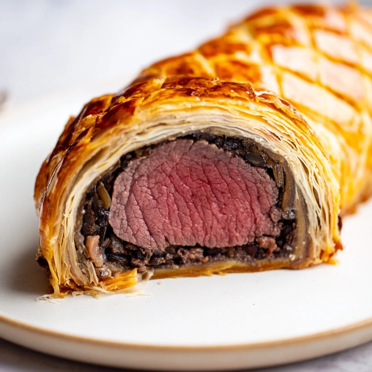 Elegant plated Beef Wellington with wine sauce, perfect for dinner parties.