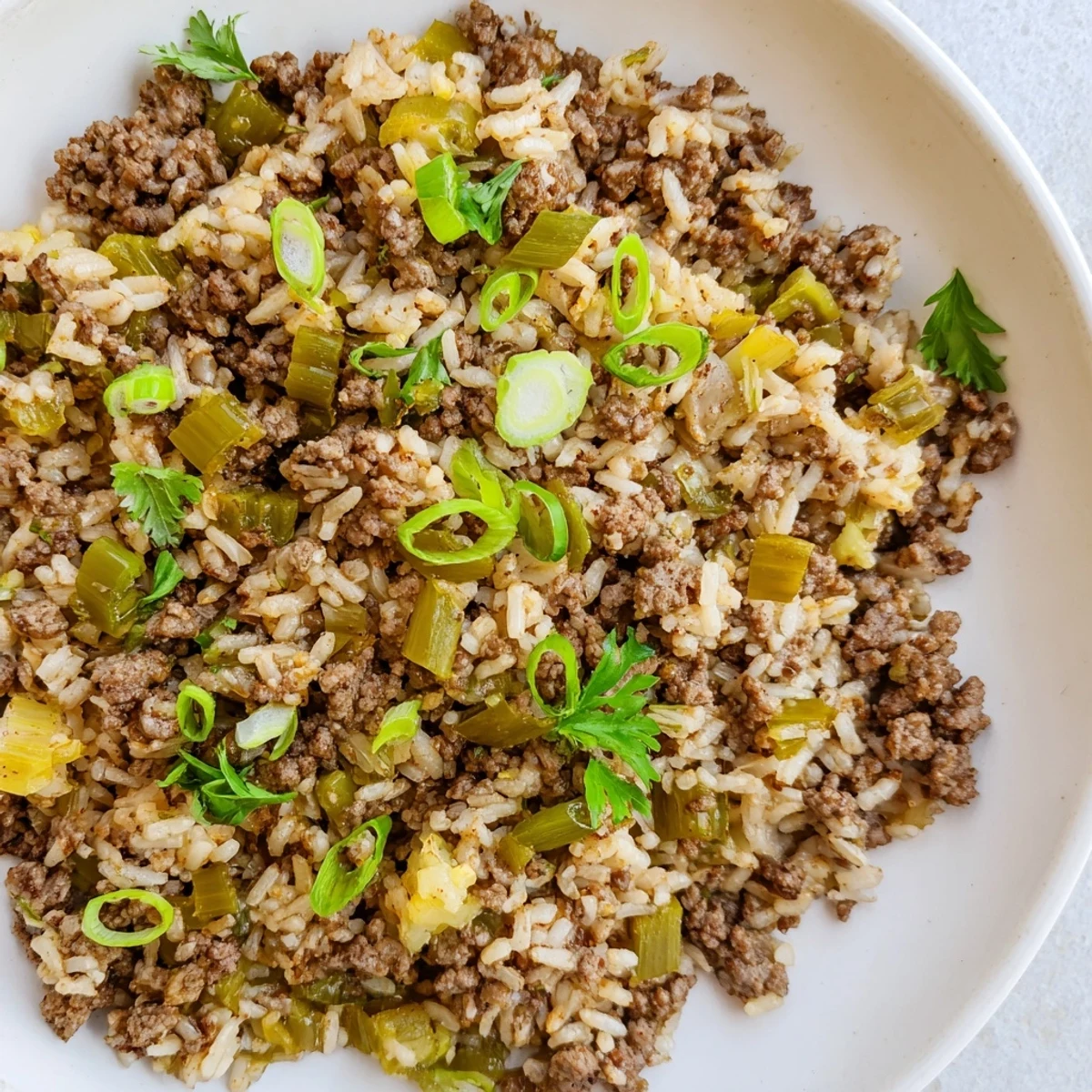 A close-up of Cajun Dirty Rice with Ground Beef highlights fluffy rice, beef crumbles, and fresh green onion garnish on a rustic plate.