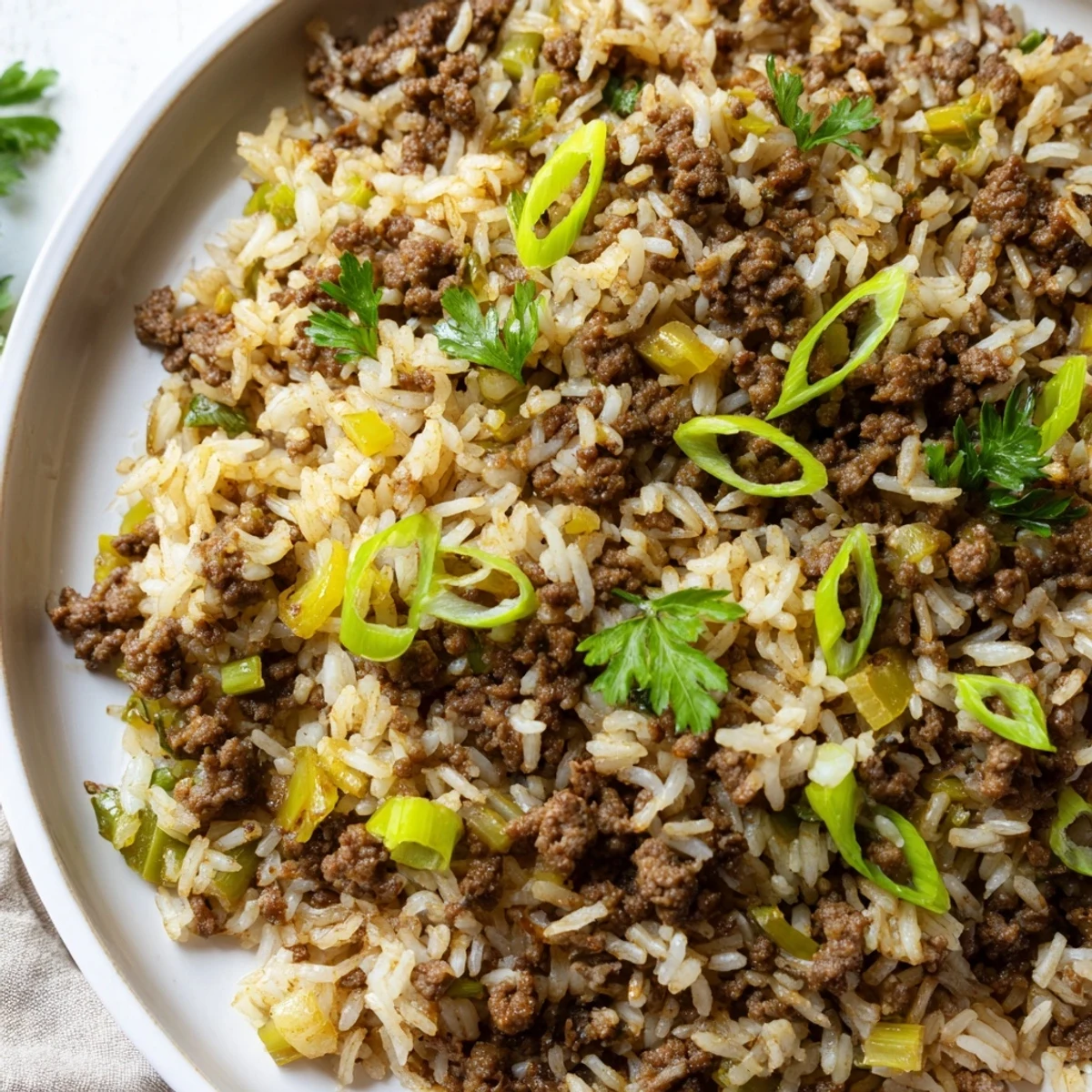 Hearty Cajun Dirty Rice with Ground Beef in a white bowl, garnished with parsley, ready to be enjoyed with a side of hot sauce.