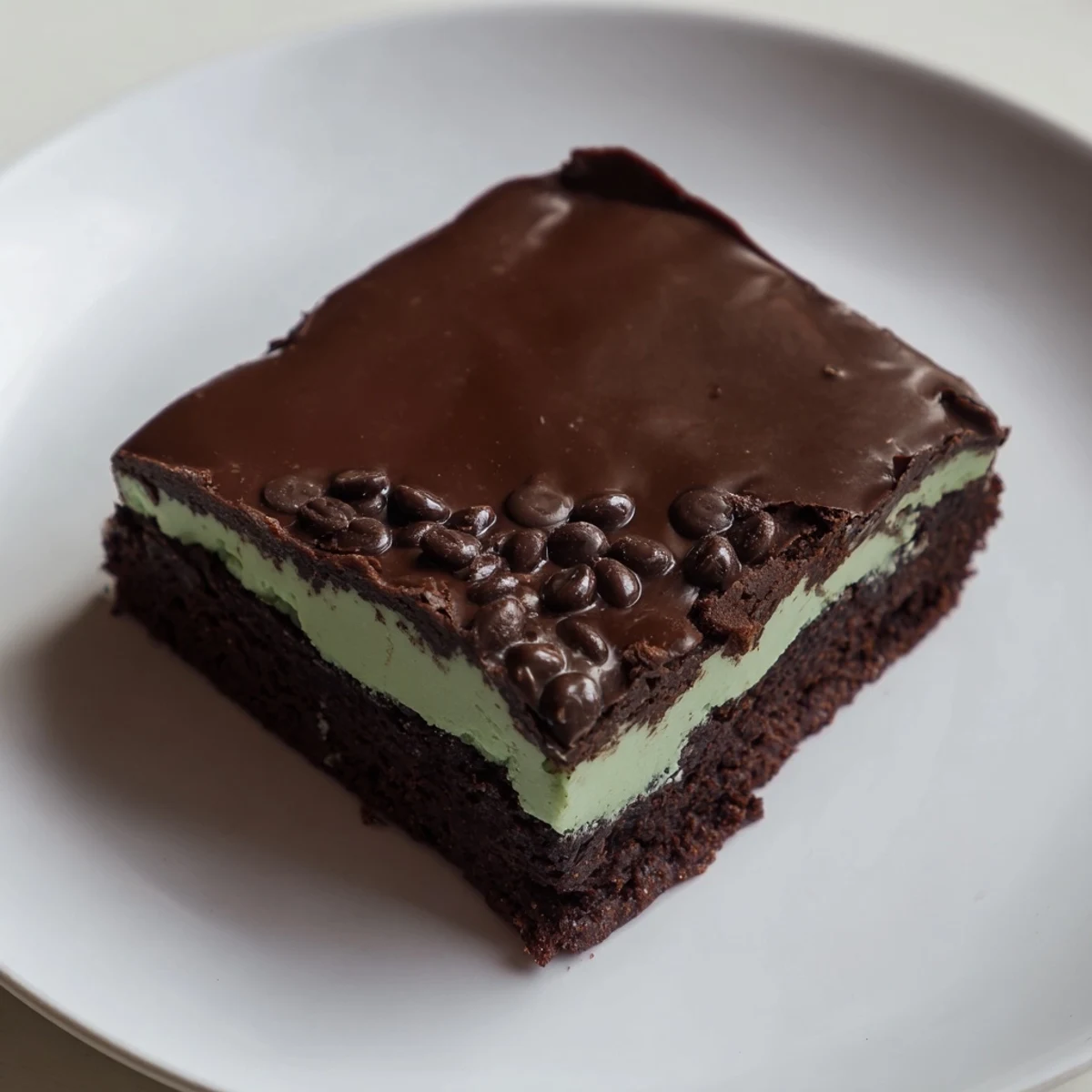 A close-up of freshly cut Mint Chocolate Chip Brownies showcasing the fudgy texture and minty green layer.