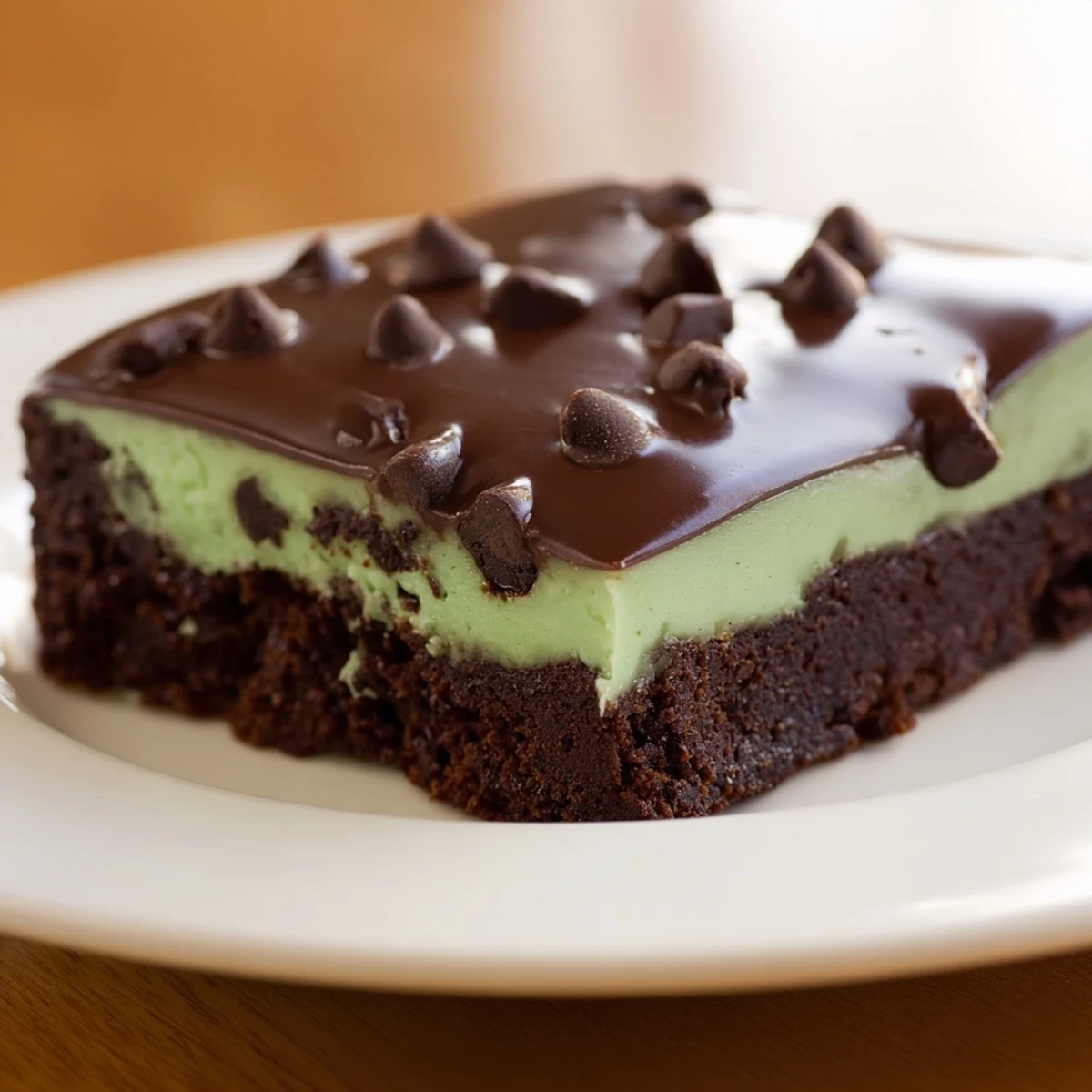 A slice of moist Mint Chocolate Chip Brownies with melted chocolate chips and a refreshing peppermint glaze.