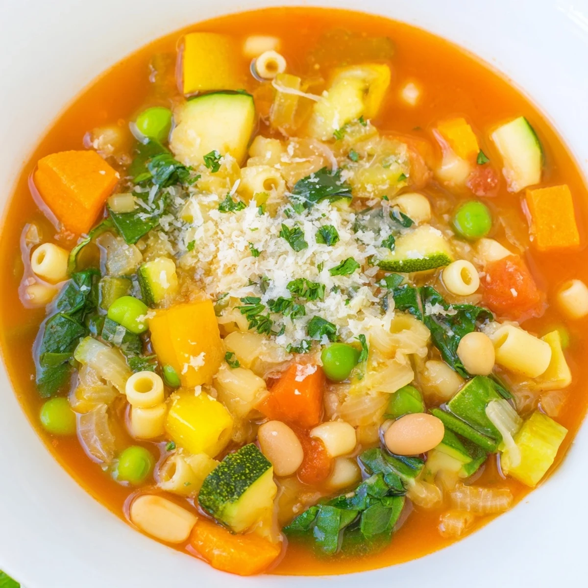 Steaming Spring Vegetable Minestrone Soup served in a rustic bowl with crusty bread on the side.