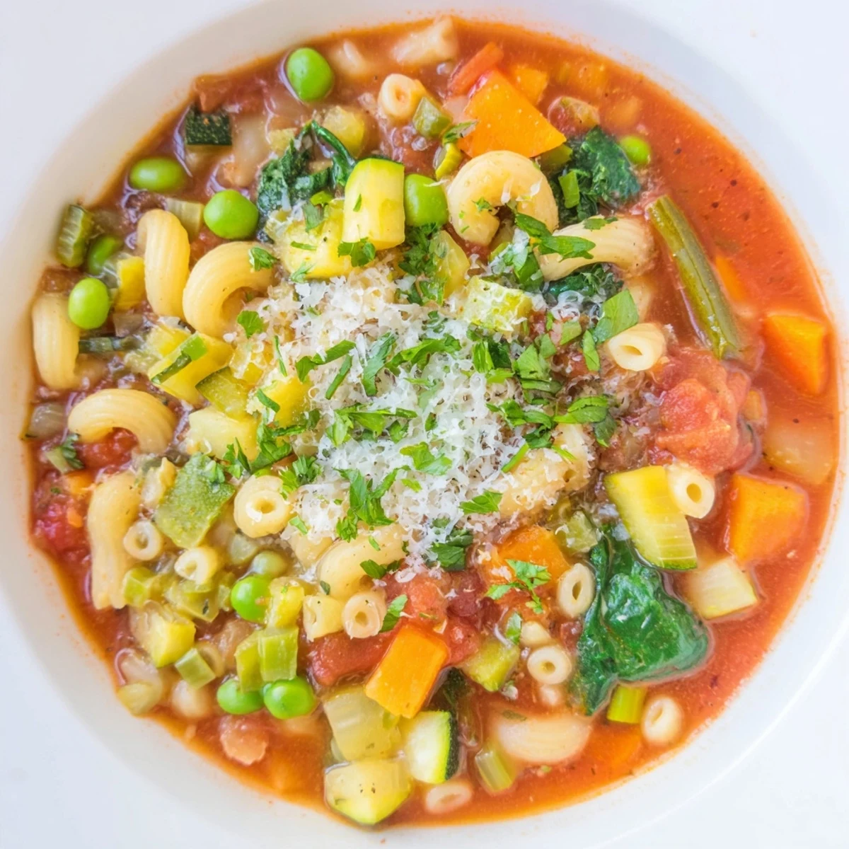 Vibrant Spring Vegetable Minestrone Soup featuring tender beans, zucchini, and peas in a herbed tomato base.