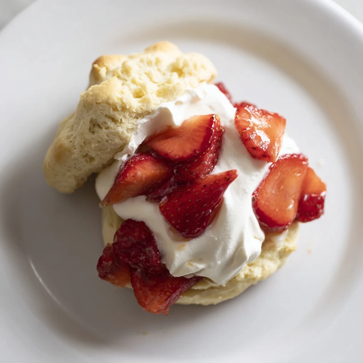 Freshly baked golden biscuit layers of Strawberry Shortcake with Homemade Biscuits, topped with juicy strawberries and sweet whipped cream.