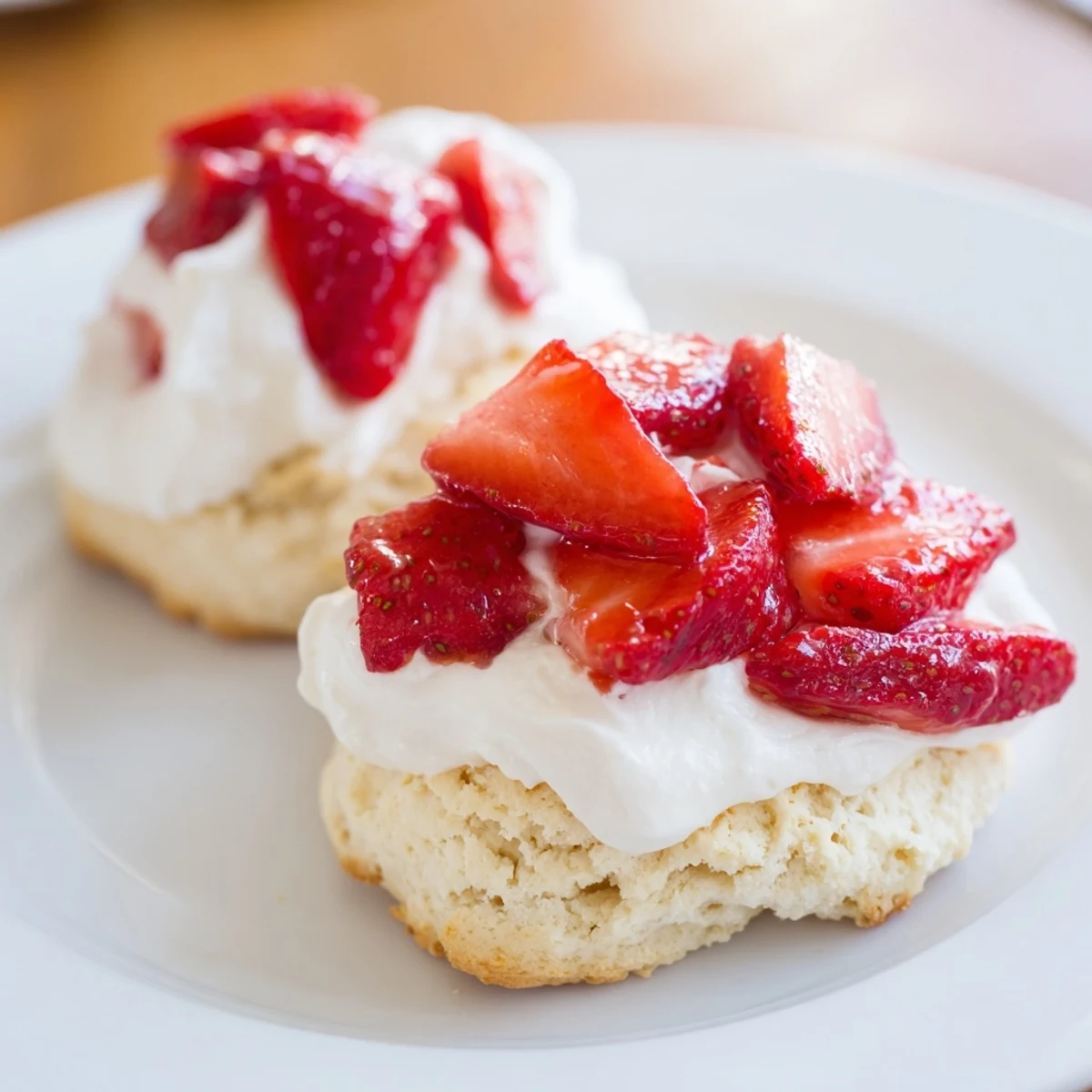 A close-up of Strawberry Shortcake with Homemade Biscuits served on a plate, featuring tender biscuits, macerated berries, and cream.