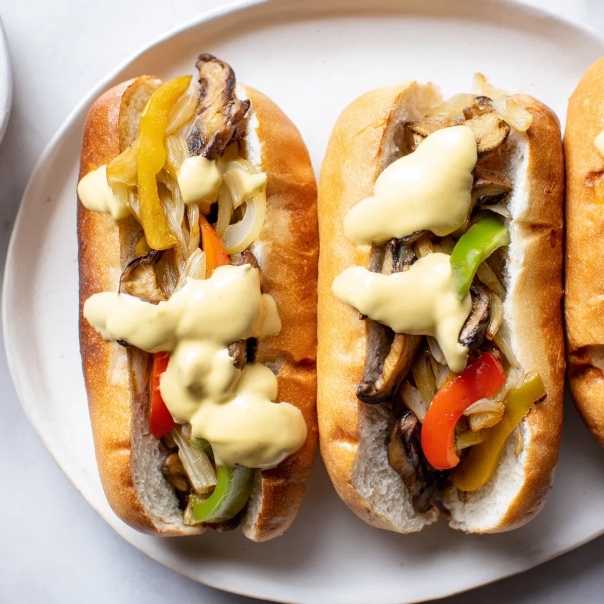 Golden-brown sautéed mushrooms, peppers, and onions fill a toasted hoagie roll for this Vegan Philly Cheesesteaks recipe. 
