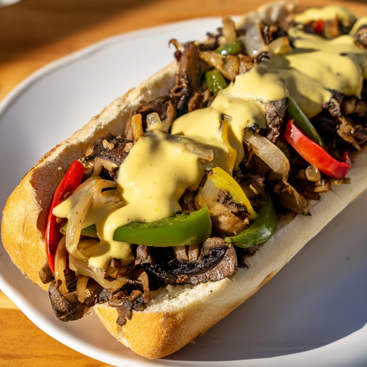 A close-up shows creamy vegan cheese sauce generously drizzled over the hearty mushroom filling. 
