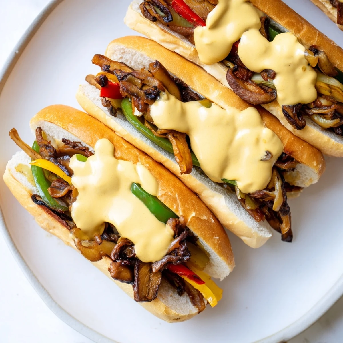 This plant-based Vegan Philly Cheesesteaks recipe is served hot on a wooden board, ready to eat.