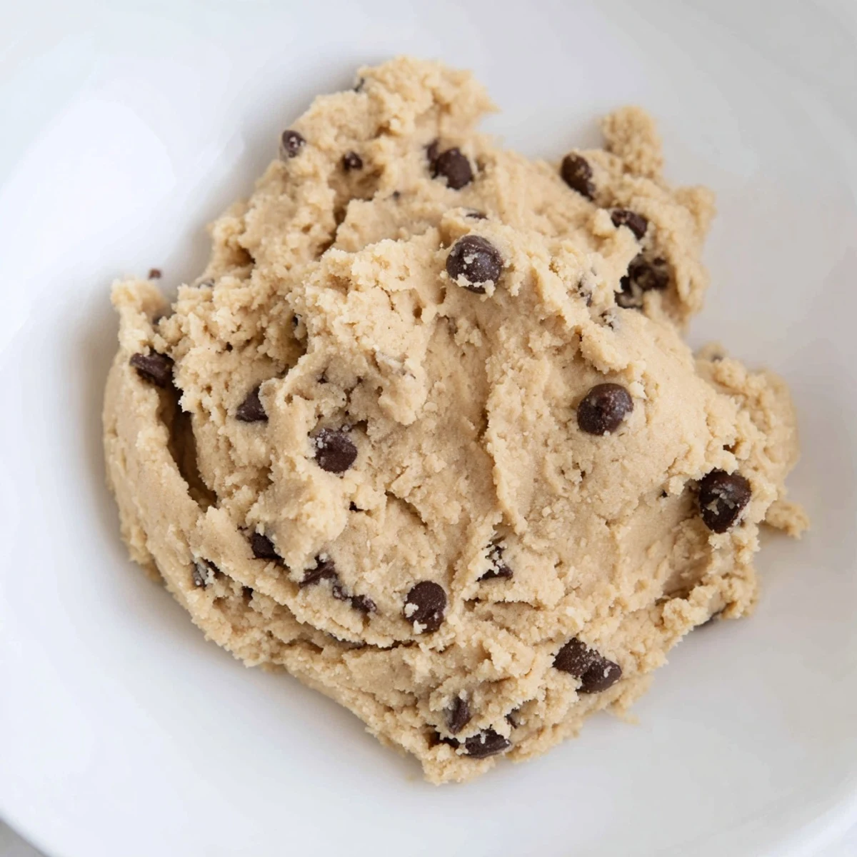 Lush edible keto cookie dough swirled with dark chips in a bowl