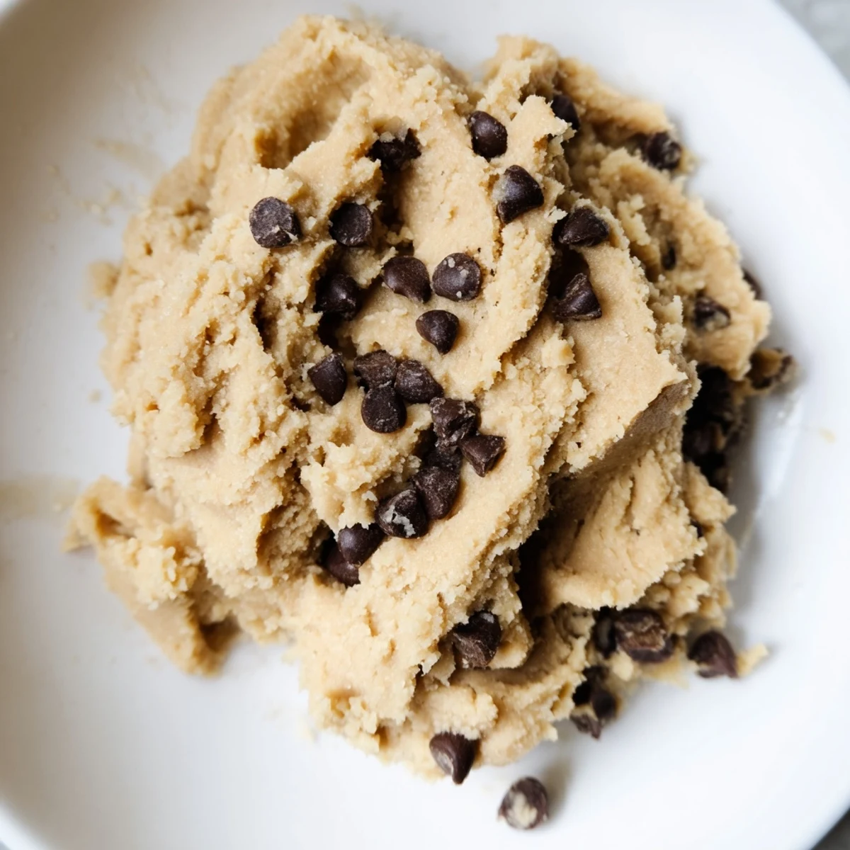 Keto edible cookie dough scooped into balls on a marble countertop