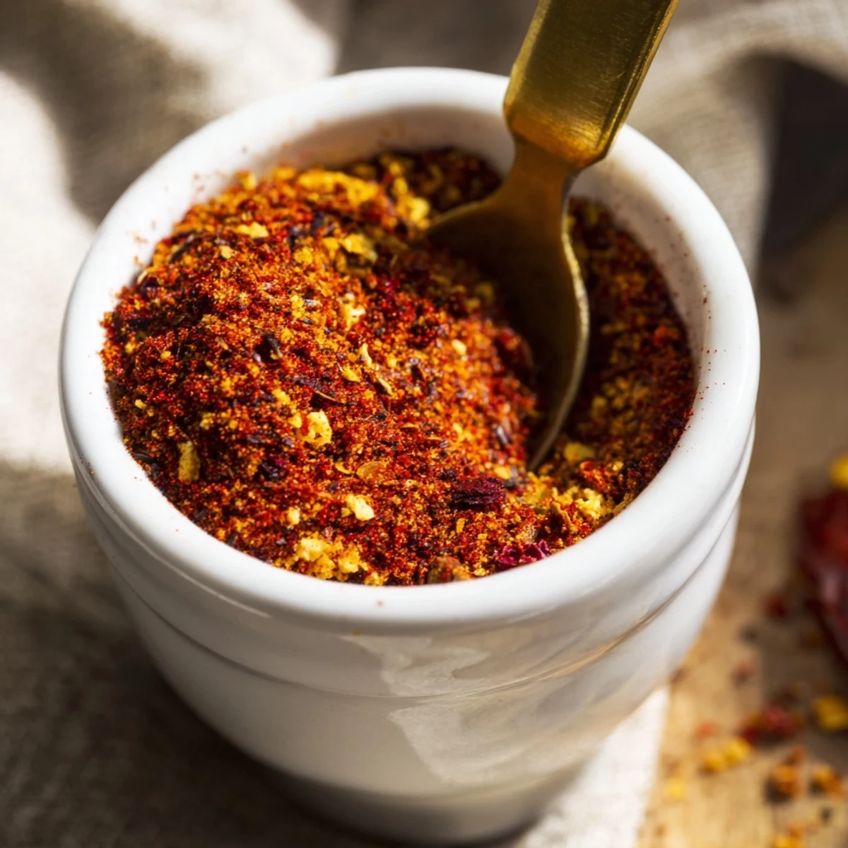 Close-up of vibrant red and brown spices blending in a glass bowl for Easy Homemade Taco Seasoning Mix, ready for storage.  
