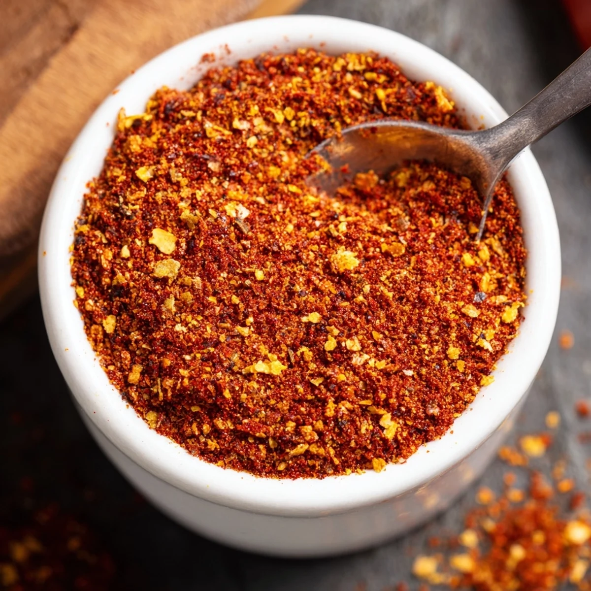 Overhead view of all ingredients measured for Easy Homemade Taco Seasoning Mix, showing a rustic wooden spoon ready to stir.