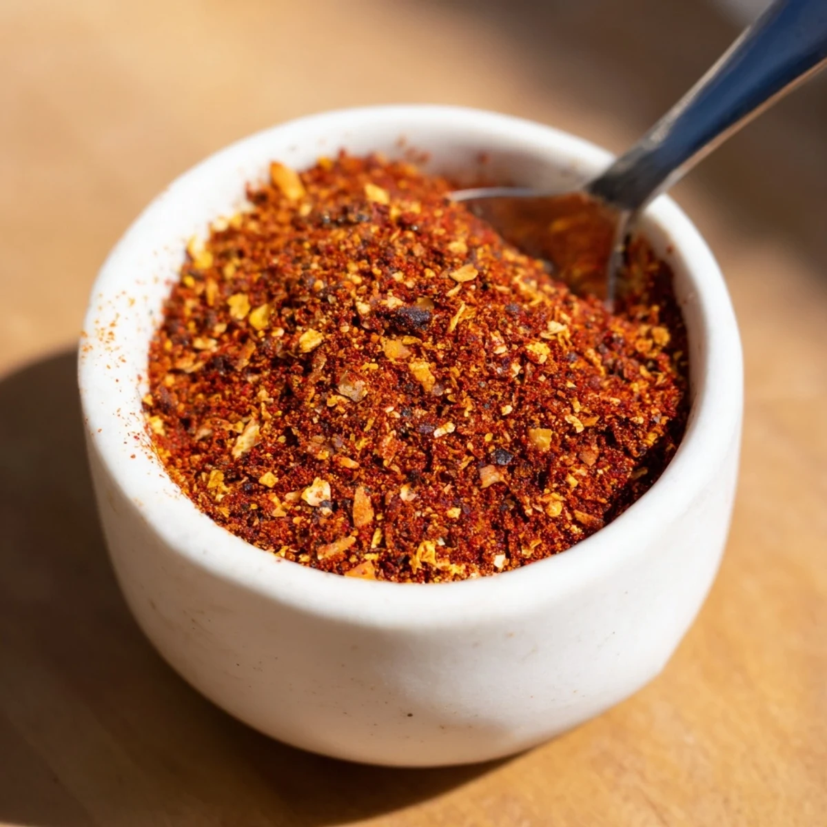 A small glass jar filled with Easy Homemade Taco Seasoning Mix next to fresh tortillas and diced tomatoes for inspiration.  