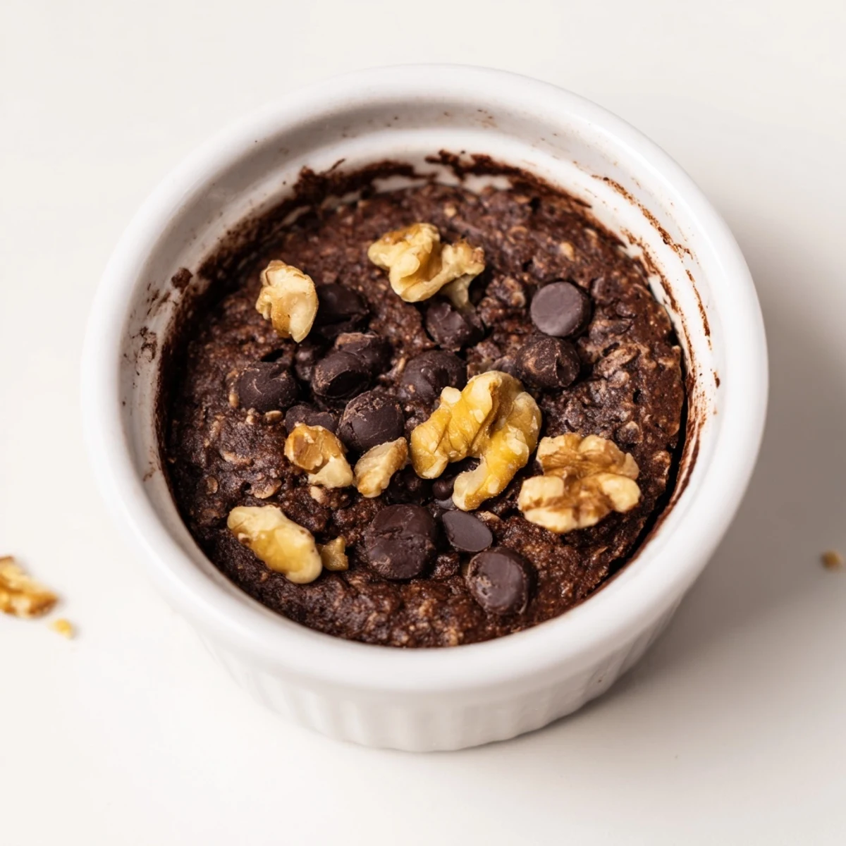 Freshly baked Easy Chocolate Baked Oats in a ramekin, with melted chocolate chips on top and a spoon ready to serve.