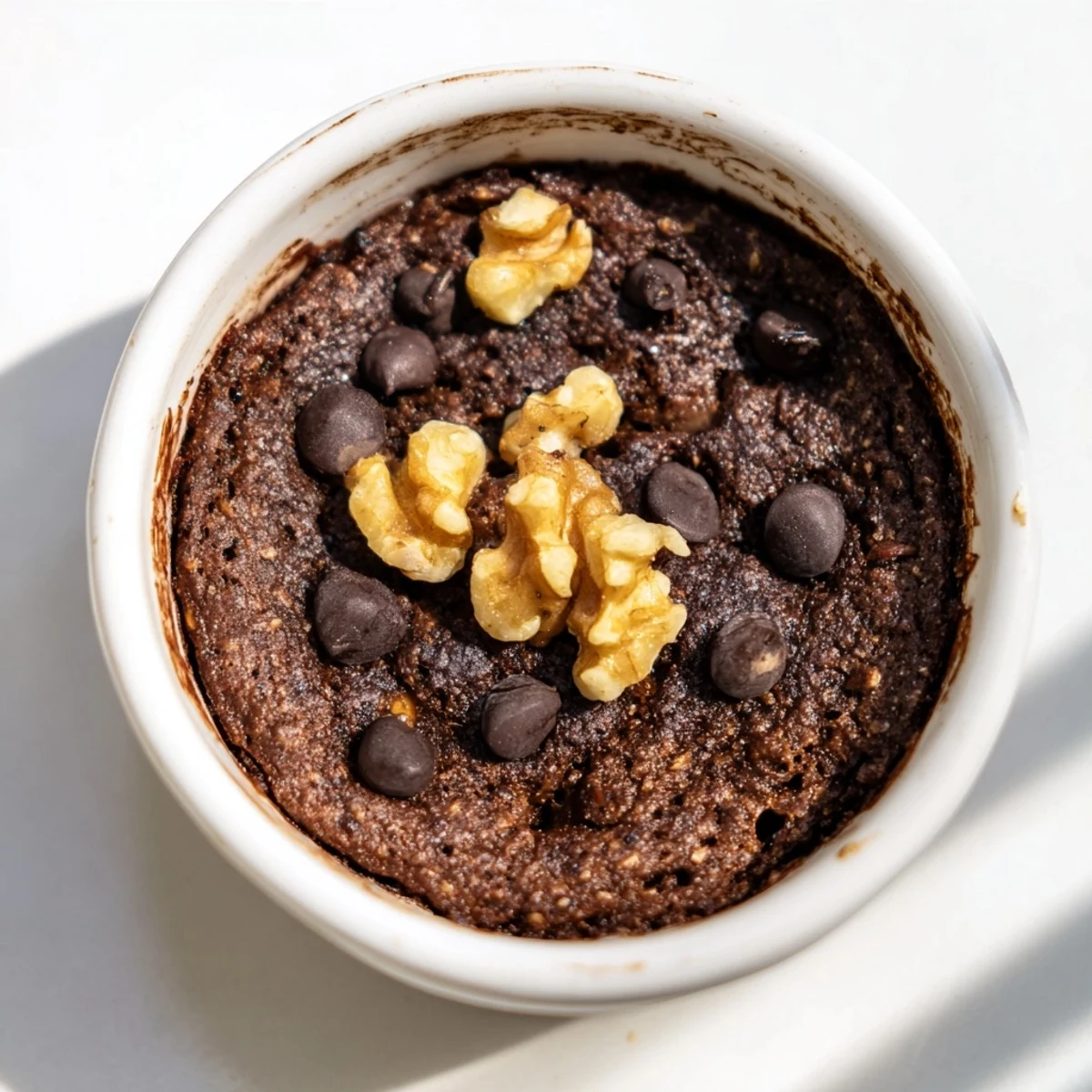 Easy Chocolate Baked Oats served warm in a dish, garnished with sliced bananas and a dollop of creamy yogurt.
