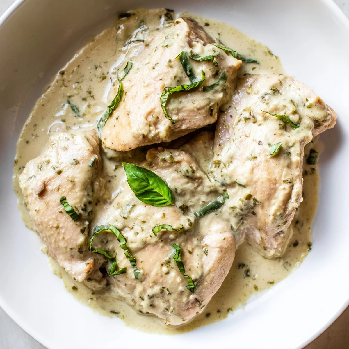Slow-cooker Pesto Ranch Crock Pot Chicken Thighs garnished with fresh basil and Parmesan cheese.