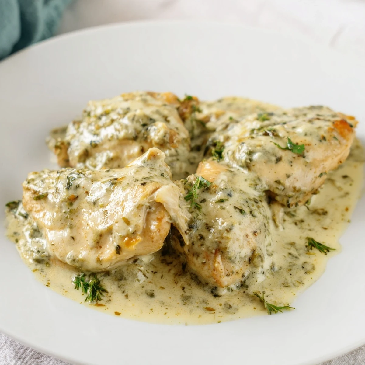 Golden-brown Pesto Ranch Crock Pot Chicken Thighs glazed with creamy sauce, served on a plate.