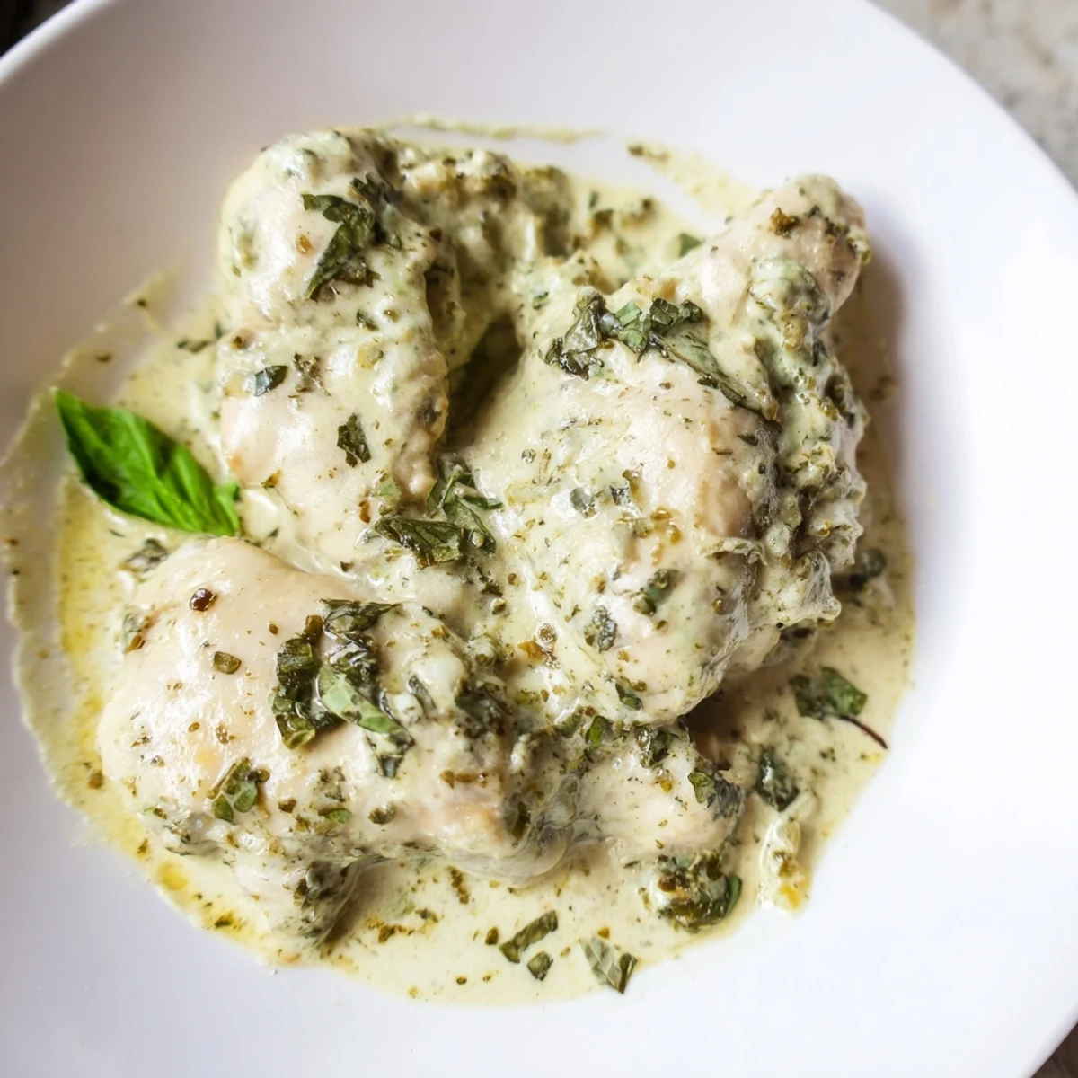 Tender Pesto Ranch Crock Pot Chicken Thighs served with roasted vegetables in a rustic skillet.