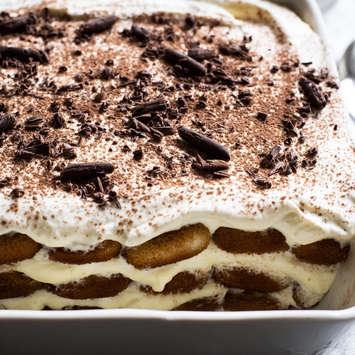 Freshly dusted Easy Tiramisu layers with coffee-soaked ladyfingers and mascarpone cream, ready to serve.