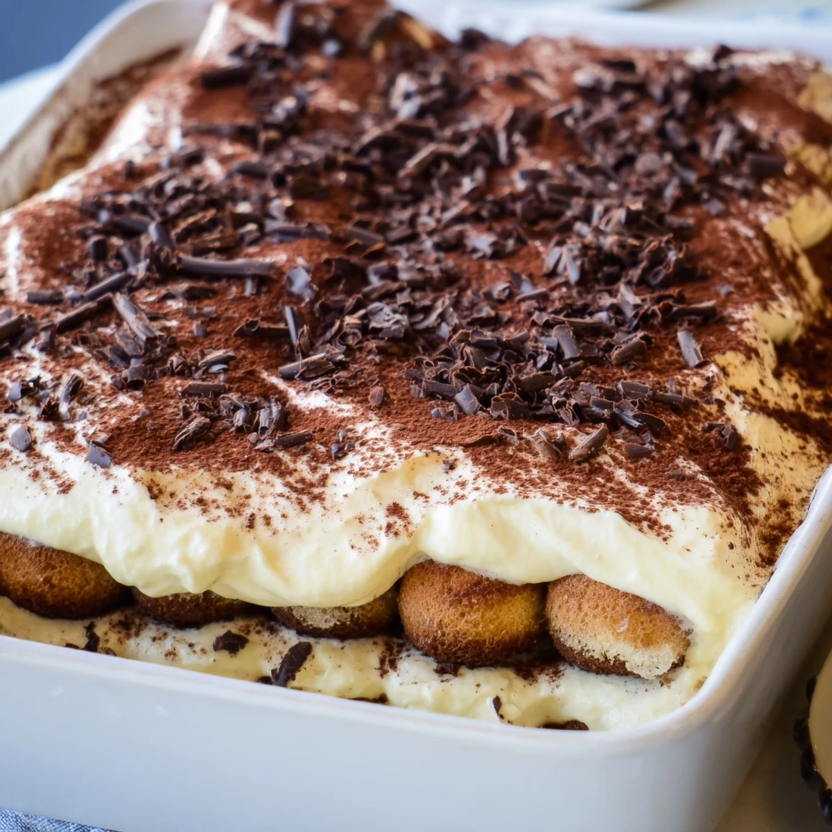 Easy Tiramisu dessert shows creamy mascarpone filling and cocoa powder topping on chilled layers.