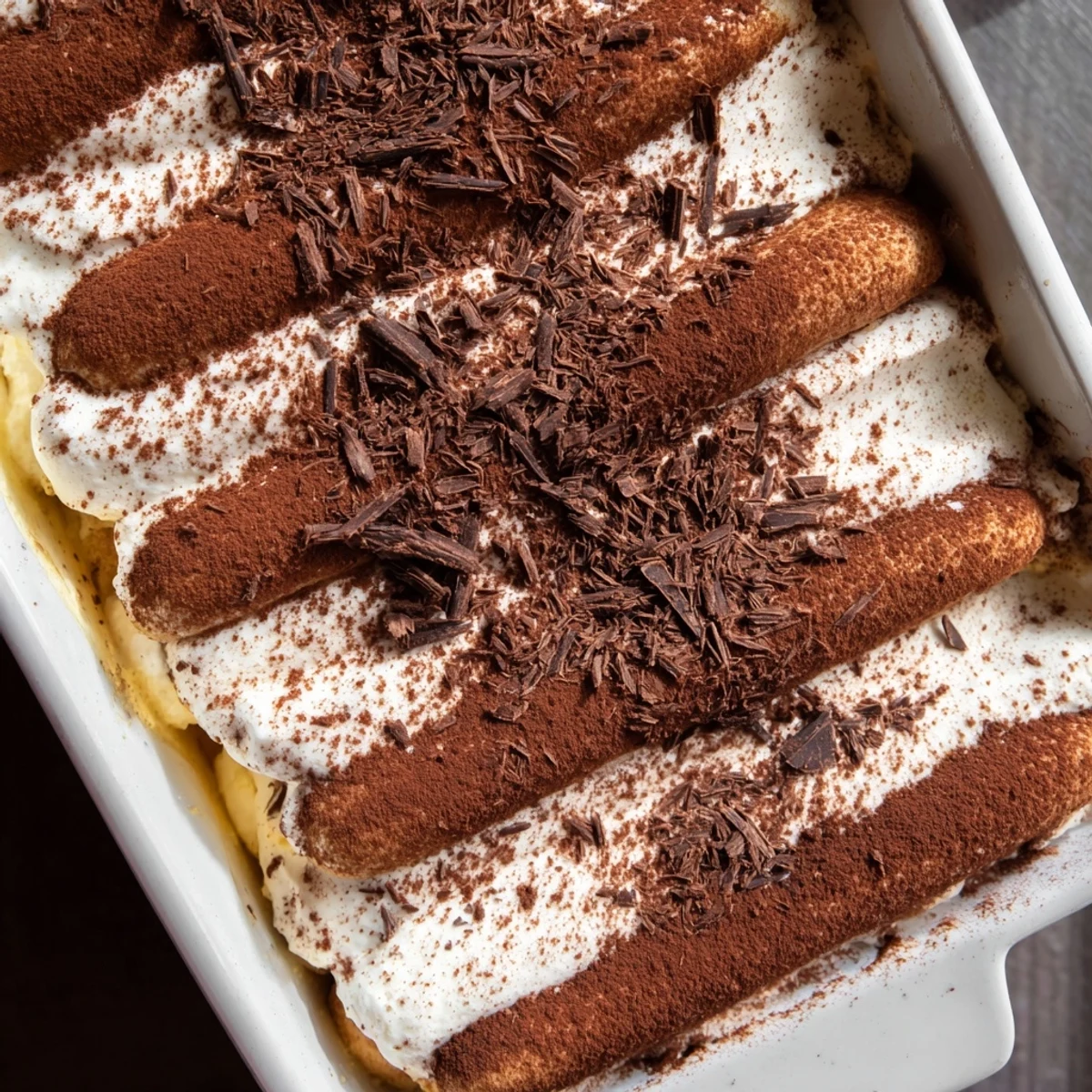 A close-up of Easy Tiramisu with chocolate shavings, espresso-dipped ladyfingers, and rich mascarpone layers.