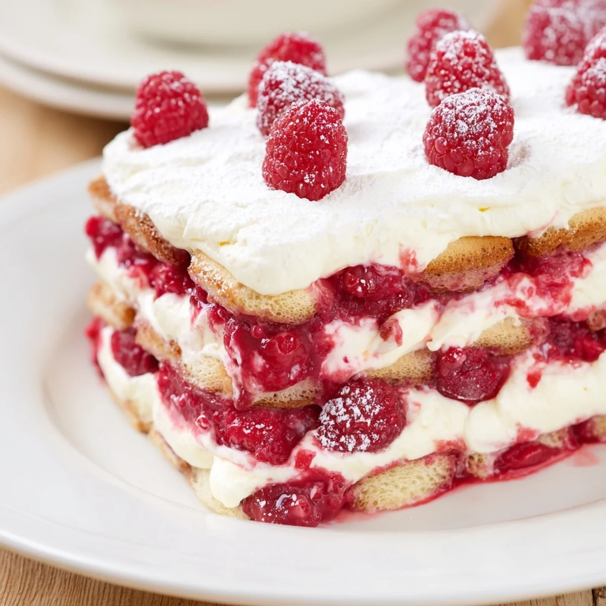 Fresh Raspberry Tiramisu layered with coffee-soaked ladyfingers, creamy mascarpone, and sweet, juicy berries in a glass dish.