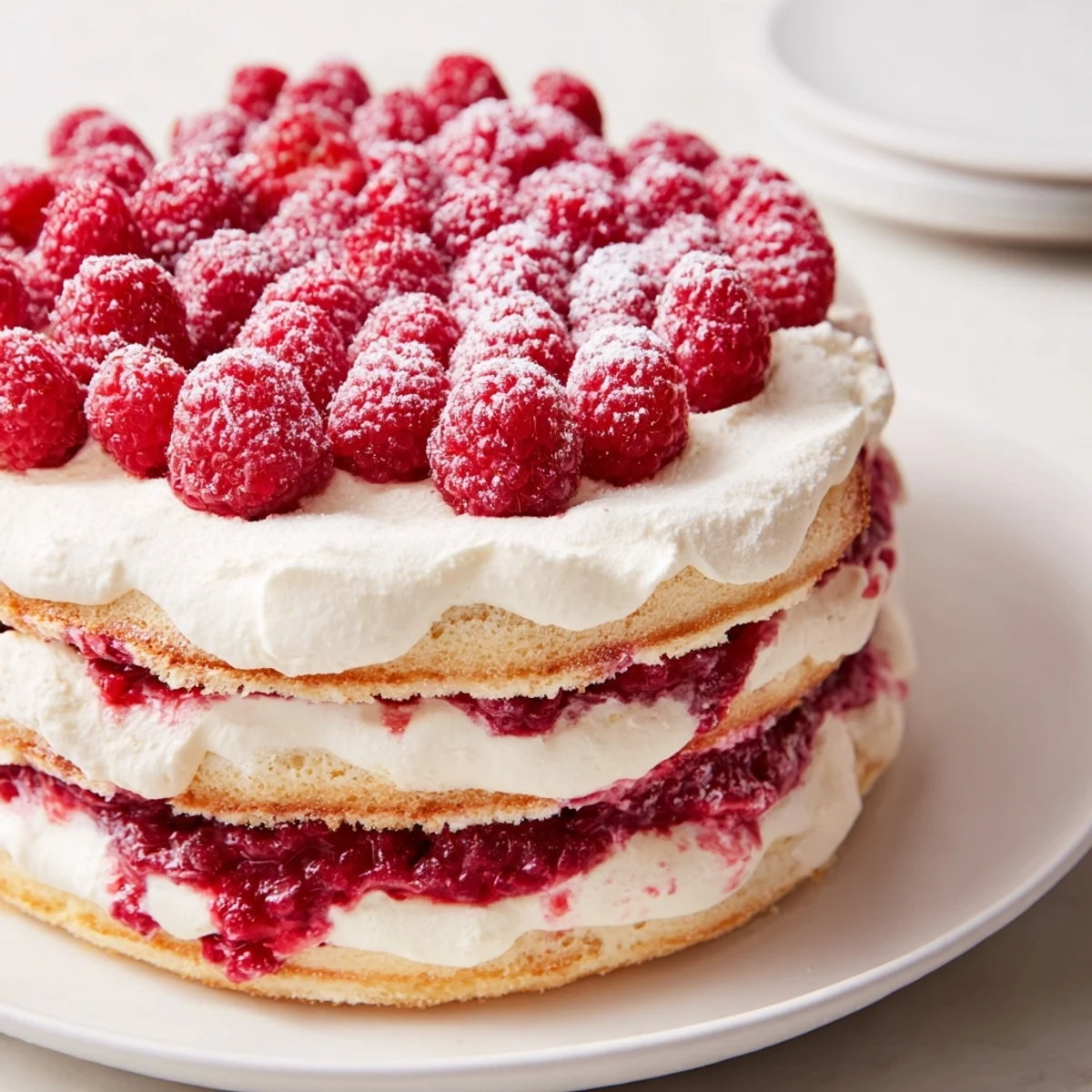 A slice of Fresh Raspberry Tiramisu revealing vibrant raspberry sauce between soft ladyfingers and smooth, whipped cream.