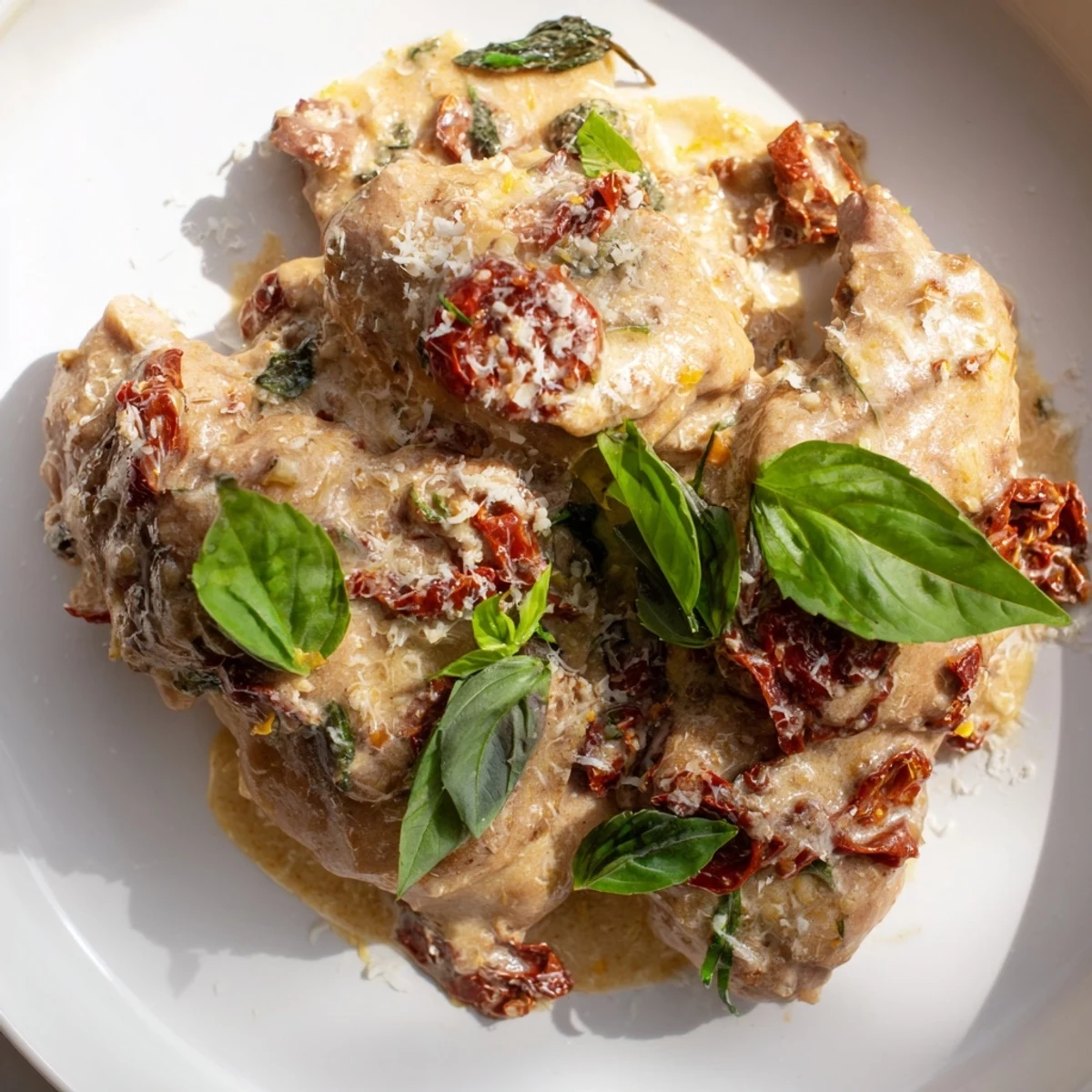 Slow cooker chicken breasts in a creamy sun-dried tomato sauce with fresh basil garnish.