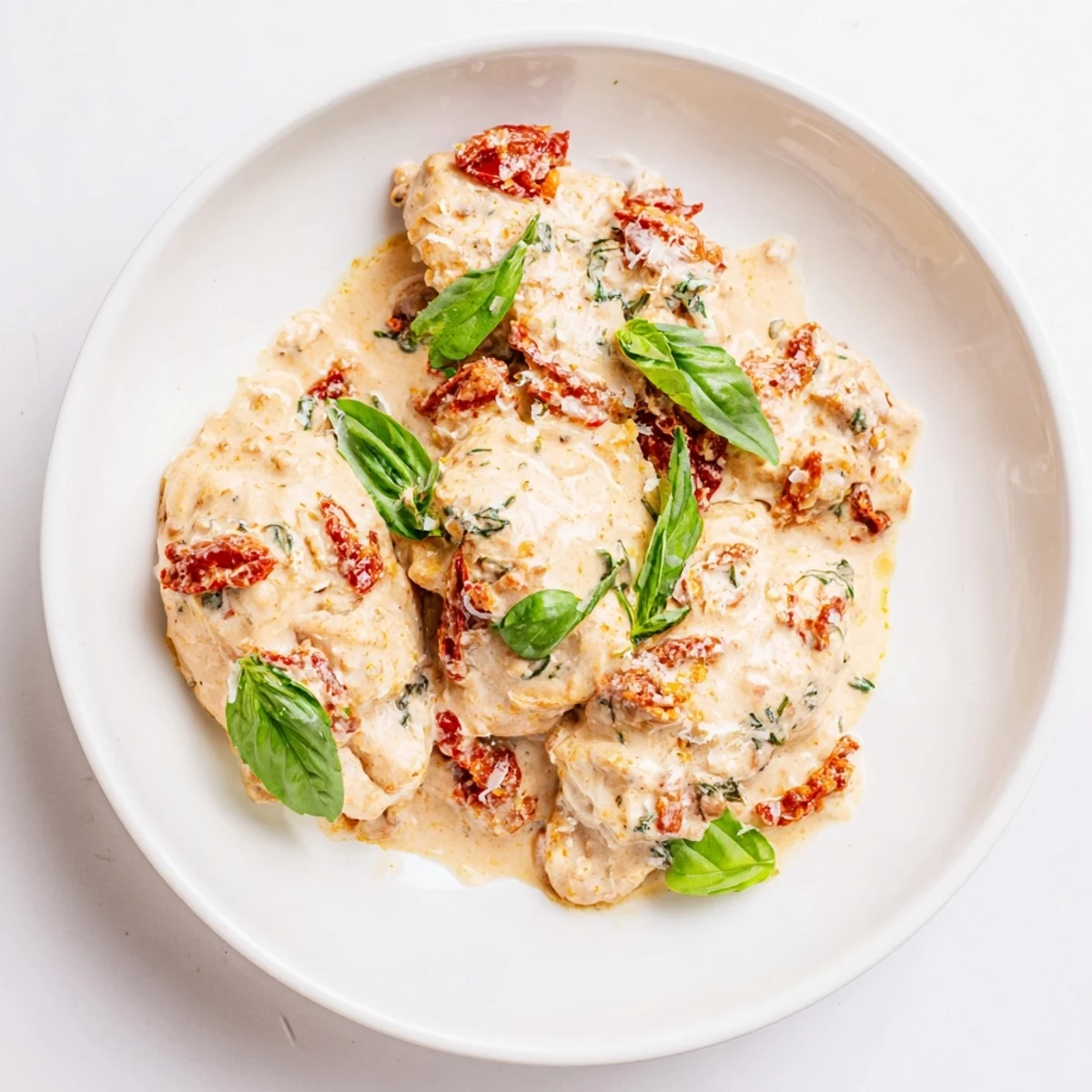 A close-up of Marry Me Slow Cooker Chicken Breast topped with melted Parmesan and herbs.