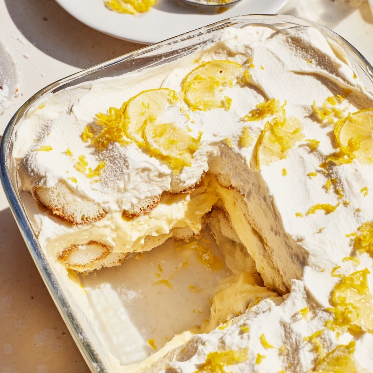 A clear view of the Easy Lemon Tiramisu No Bake Dessert in a glass dish, showcasing its silky layers.
