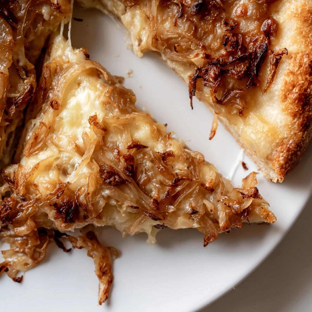 Crispy golden crust of Caramelized Onion Pizza With Melty Cheese topped with sweet onions and bubbling cheese, served on a wooden board.