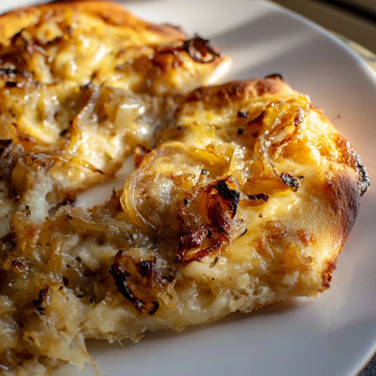 Homemade Caramelized Onion Pizza With Melty Cheese baking in the oven, featuring a golden-brown crust and melted cheese bubbling under fresh thyme.
