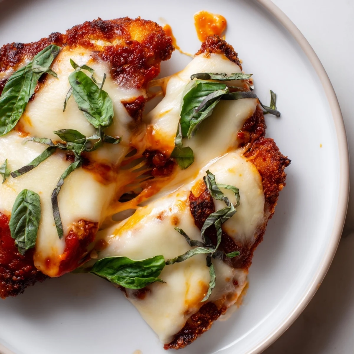 Close-up of sizzling Chicken Parmesan Pizza with fresh basil and rich red sauce on a dinner plate.