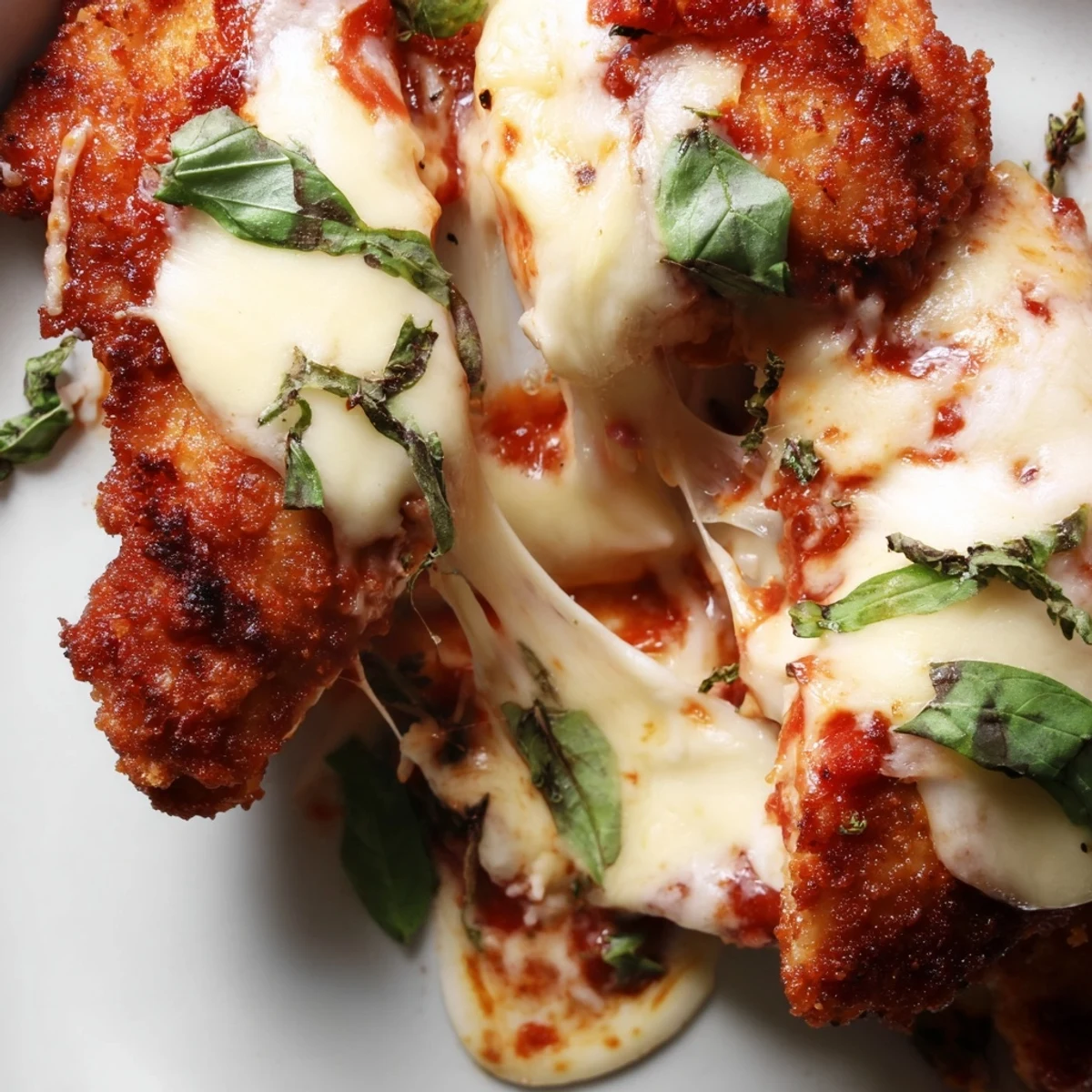 Golden-brown breaded chicken topped with melted mozzarella and tomato sauce, ready for Chicken Parmesan Pizza.