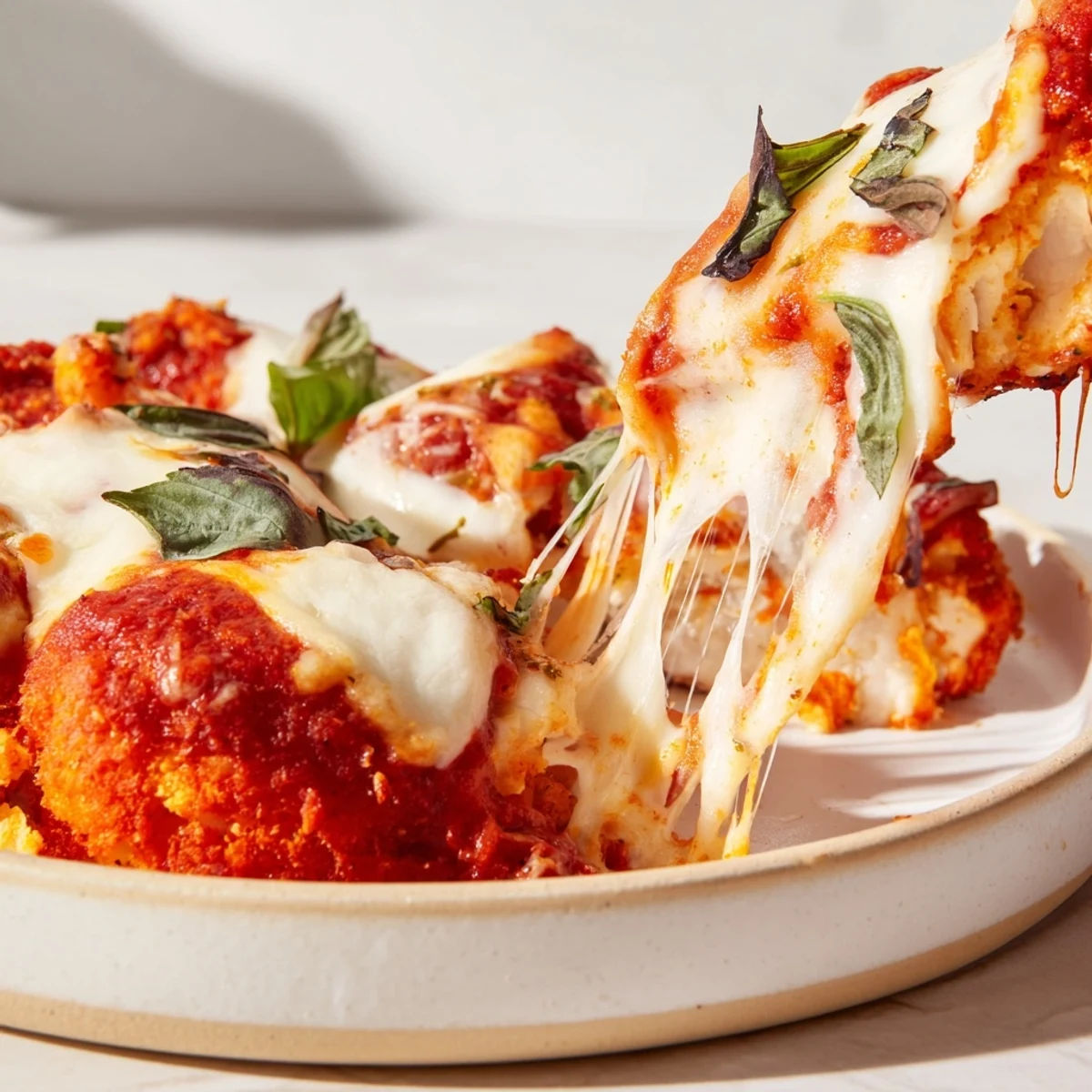 Slice of crispy Chicken Parmesan Pizza served with salad, showcasing cheesy topping and crunchy chicken base.