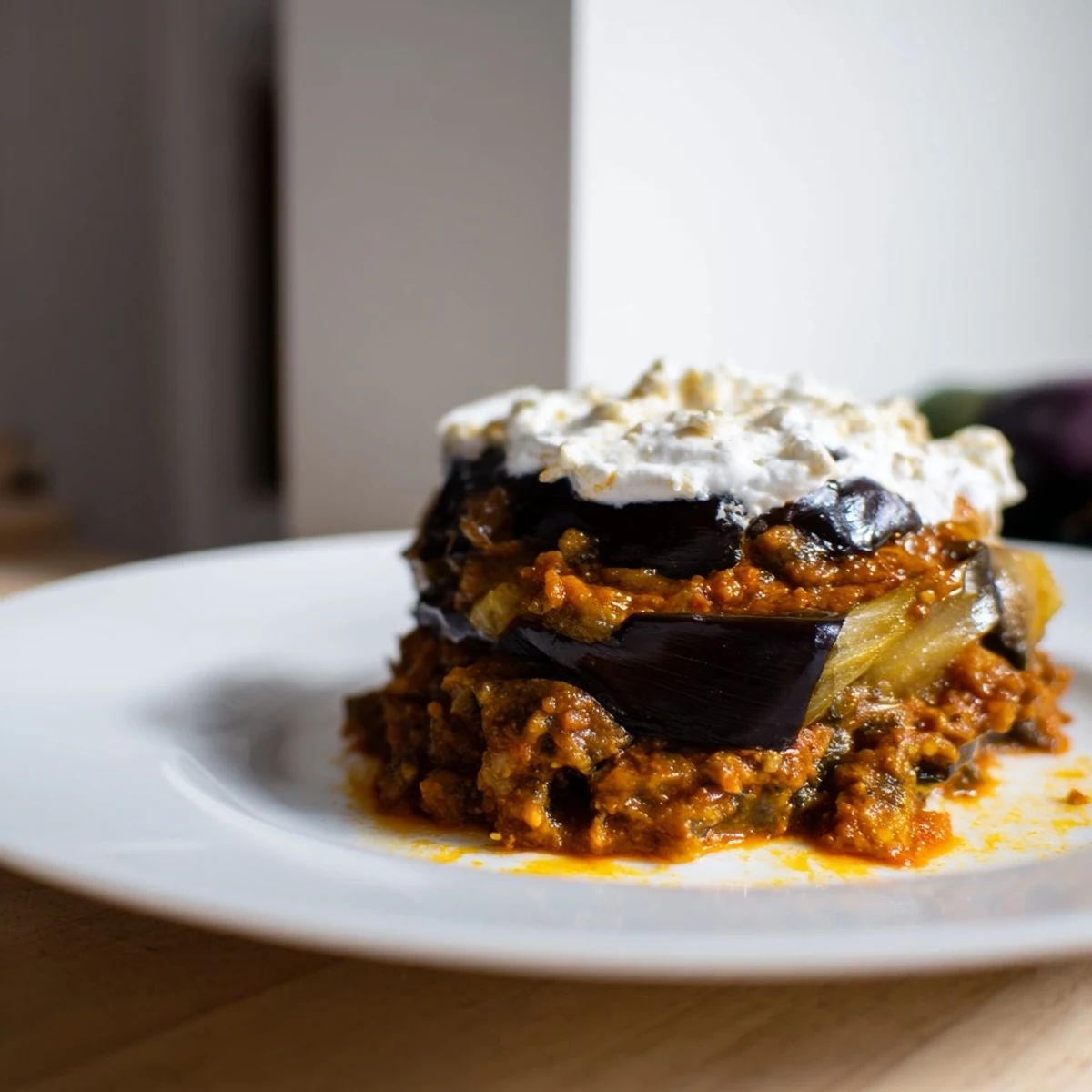 A close-up of Afghani Borani Banjan showing vibrant tomato sauce and smooth yogurt garnish, served warm as a vegetarian main dish.