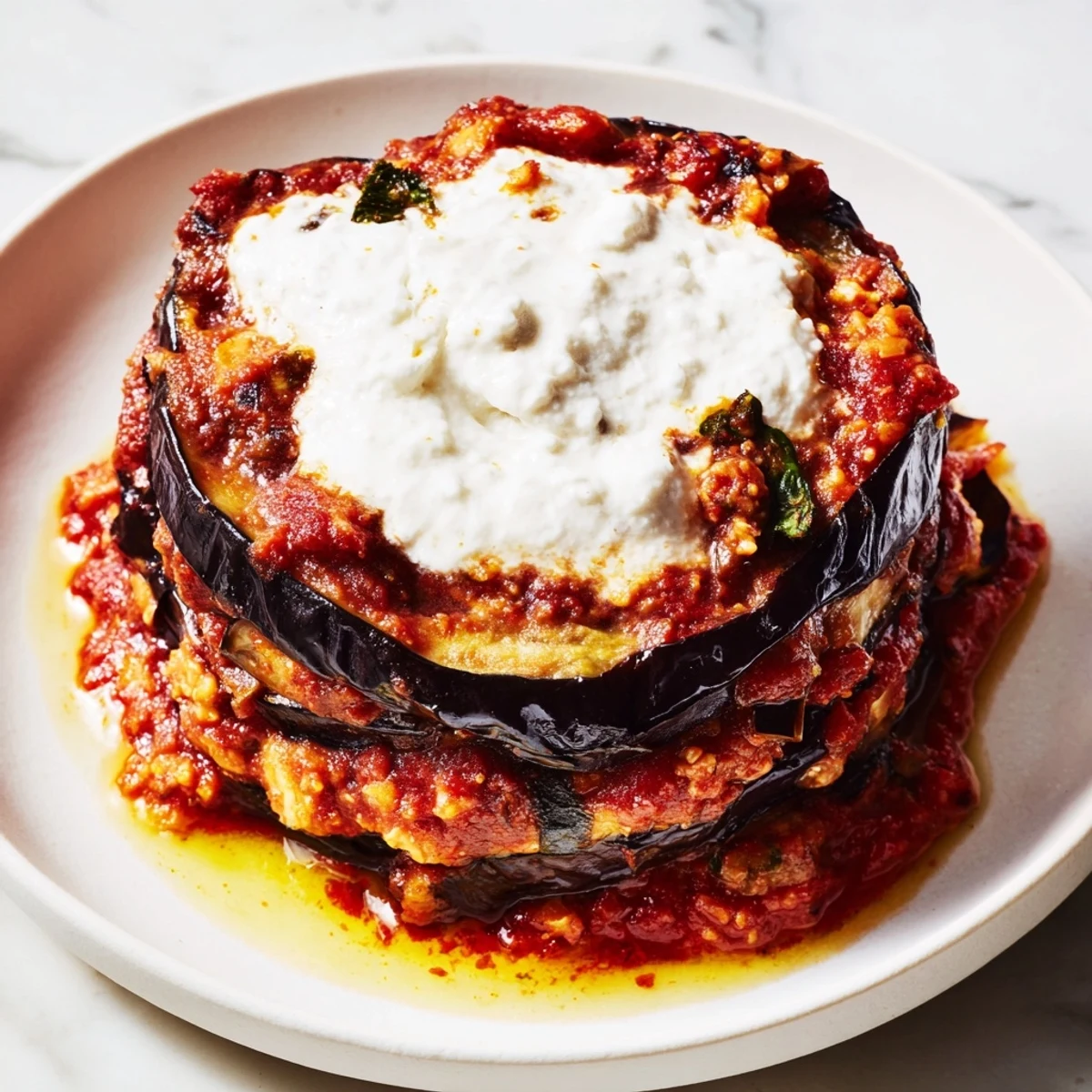 Golden fried eggplant rounds layered with a spiced tomato sauce in a baking dish, topped with a creamy dollop of yogurt and dried mint for Borani Banjan.