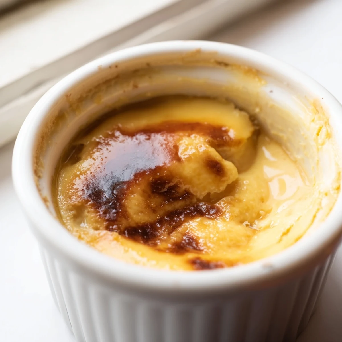 Warm Classic Baked Milk Pudding garnished with fresh berries on a cozy kitchen table.