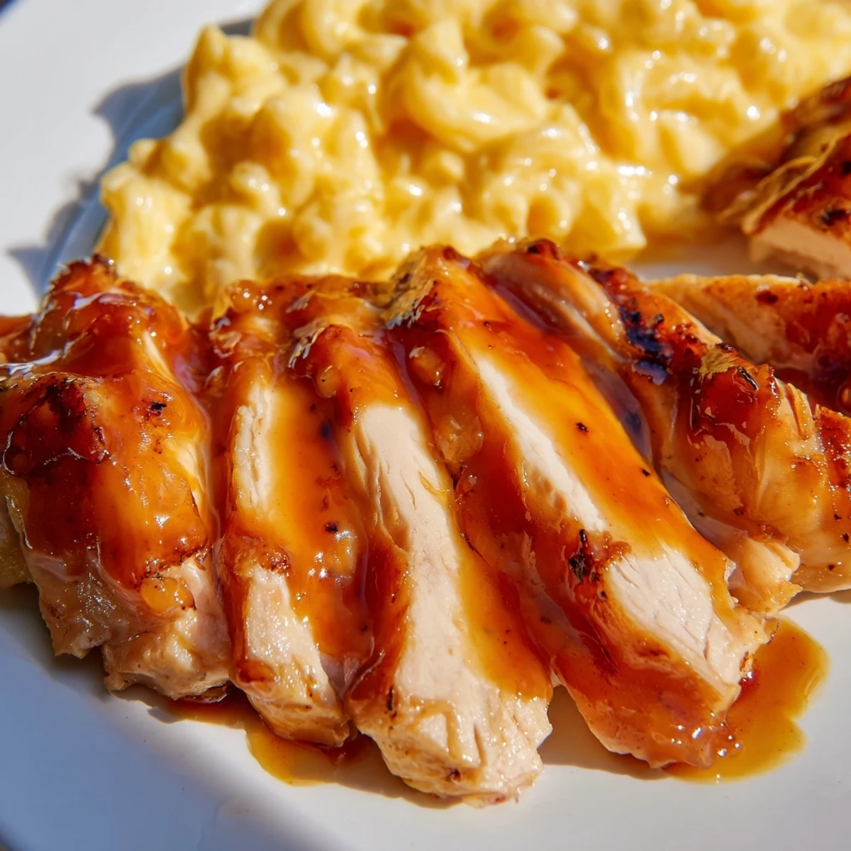 A rustic plate of tender Sweet and Spicy Honey Pepper Chicken with creamy mac and cheese and a sprinkle of black pepper.