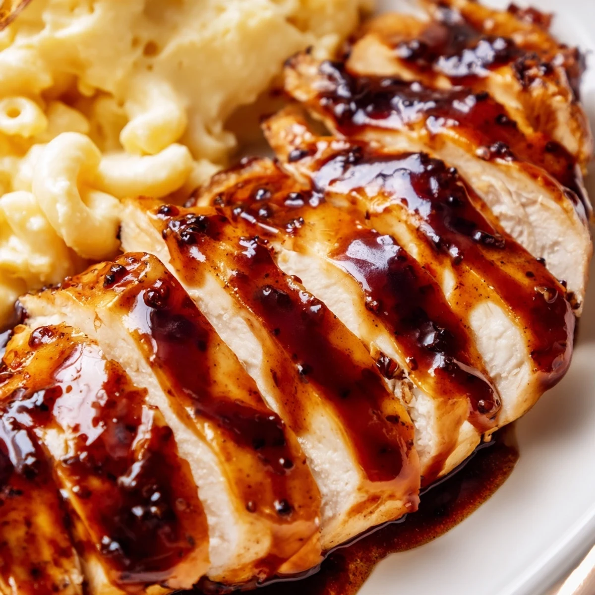 Golden-brown, glazed chicken breast sliced over ultra-creamy mac and cheese, drizzled with sweet and spicy honey pepper sauce.