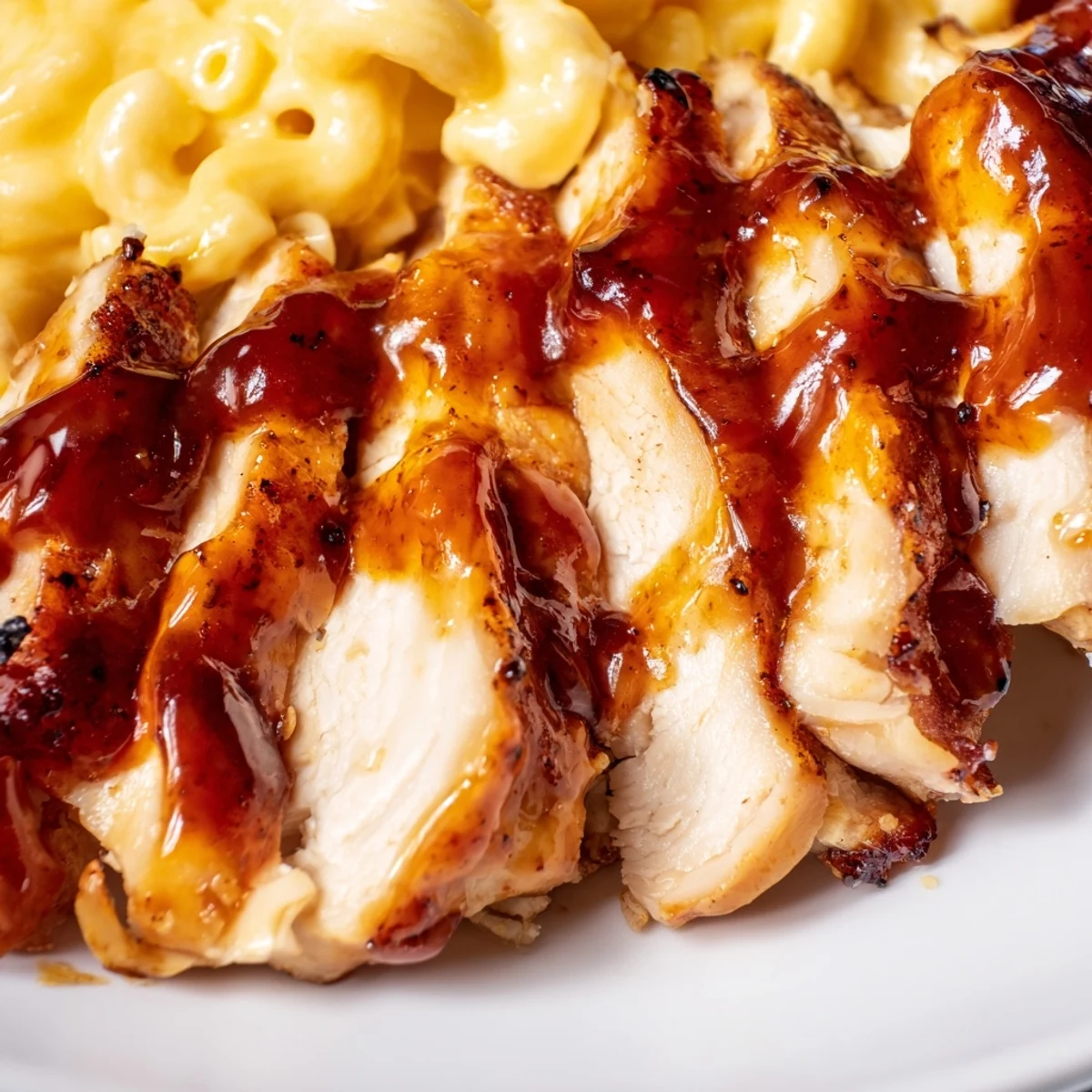Steaming comfort meal featuring juicy chicken in honey pepper glaze alongside cheesy, homemade mac and cheese for four servings.
