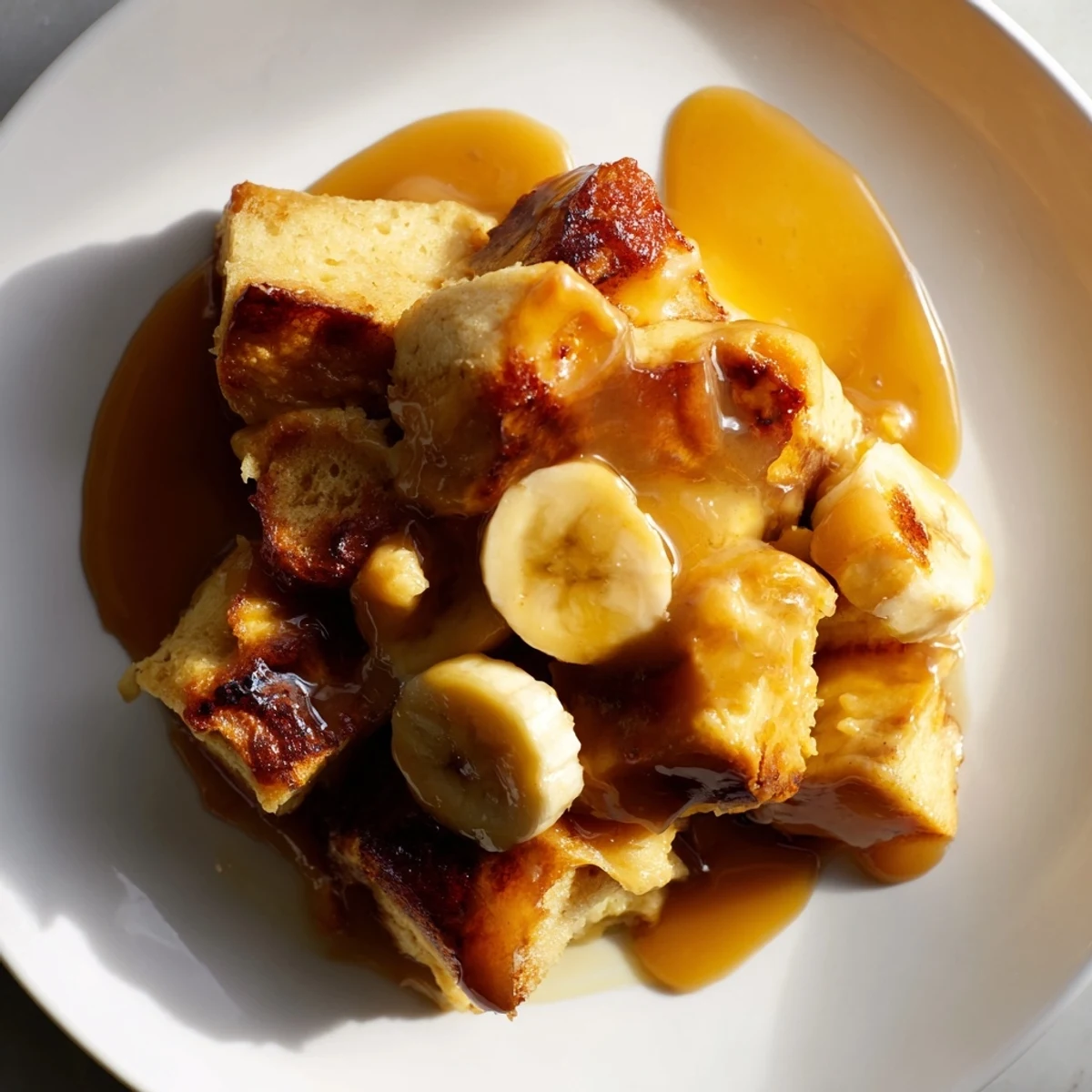 Creamy Bananas Foster Bread Pudding with caramelized bananas and a rich rum sauce, ready to serve warm.