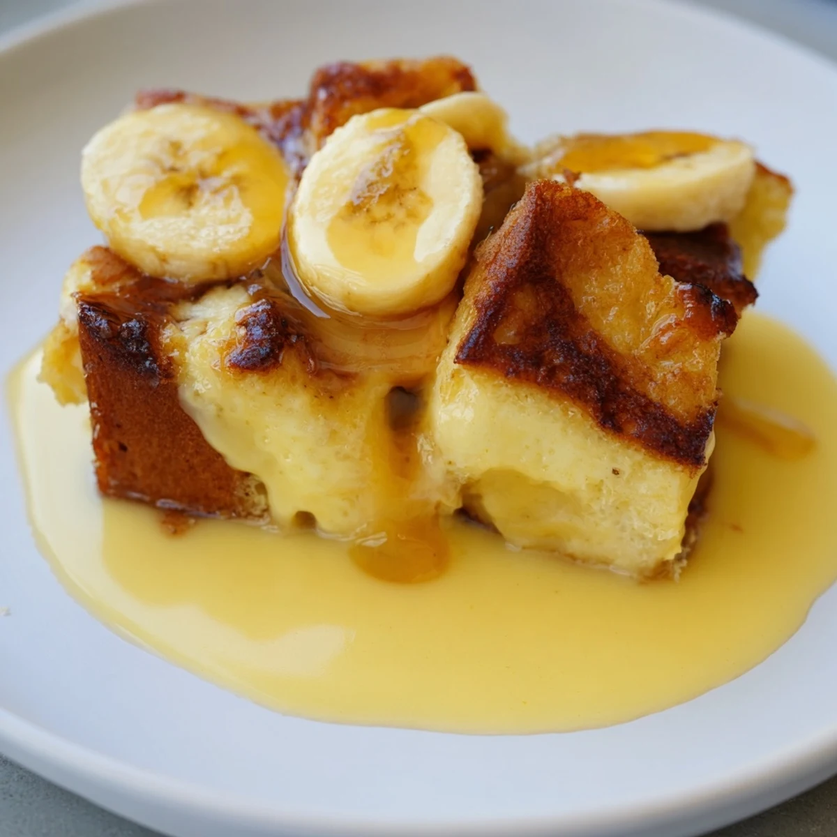 The finished Creamy Bananas Foster Bread Pudding shows golden custard bread and sliced bananas in a baking dish.