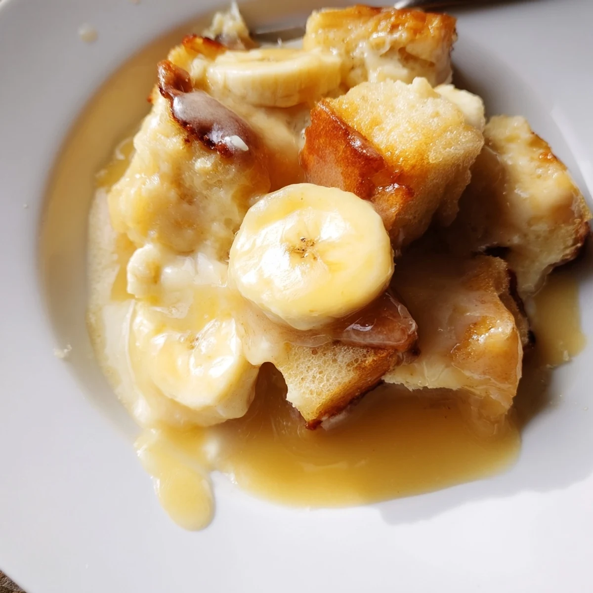 Serve Creamy Bananas Foster Bread Pudding with vanilla ice cream melting over the warm, caramel-topped dessert.